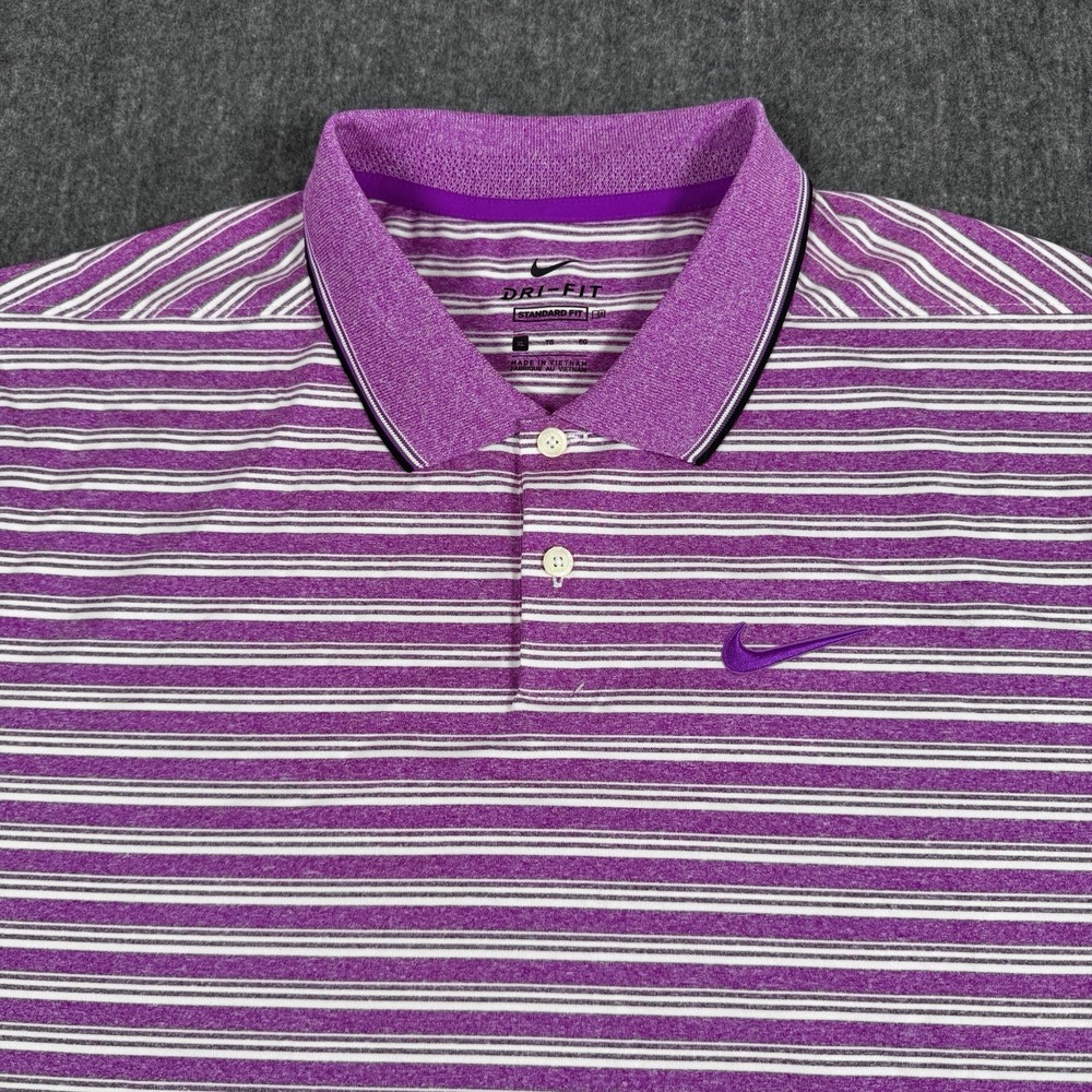 Nike Dri-FIT Mens XL Golf Polo Shirt Purple Striped Standard Fit Swoosh